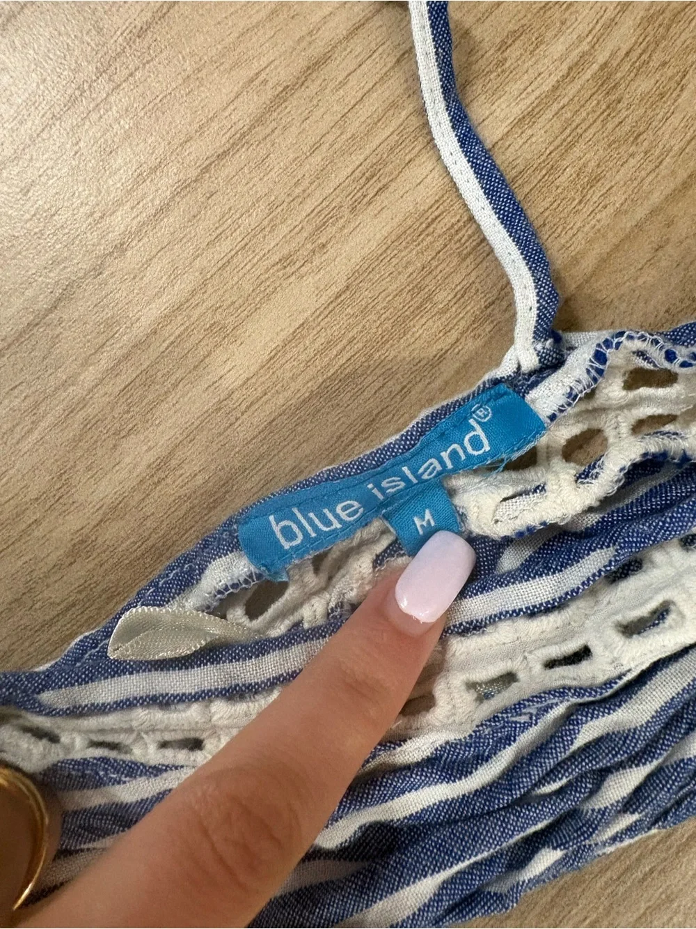 blue island Blue & Cream Striped Crochet-Trim Swim Coverup